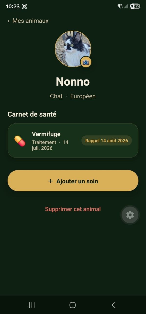 Le carnet de santé avec le soin et sa date de rappel